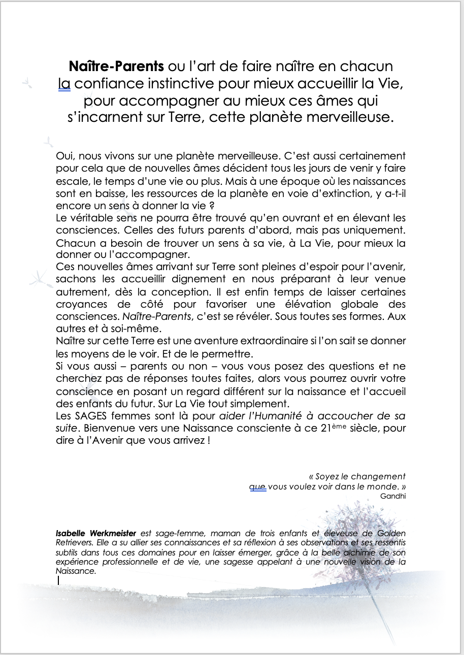 « Naître-Parents ou l’art de faire naître en chacun la confiance instinctive pour mieux accueillir la Vie »
